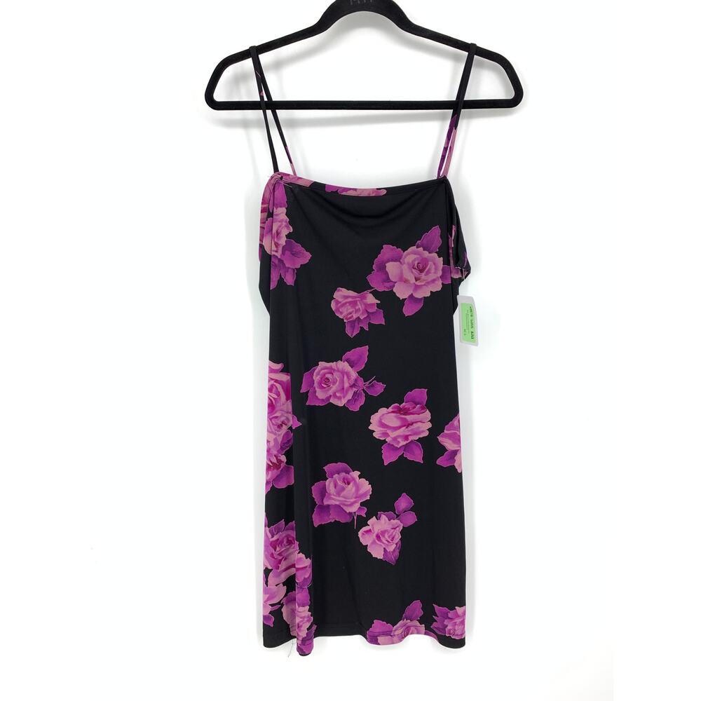 Vintage 90s Rose Print Mini Party Dress Womens L Black Purple Bodycon Stretch - Picture 2 of 6